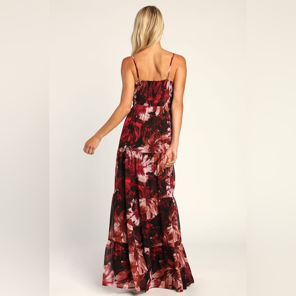 Lulu’s S Gorgeous Blooms Burgundy Tiered Maxi Dress As Is - Picture 3 of 11